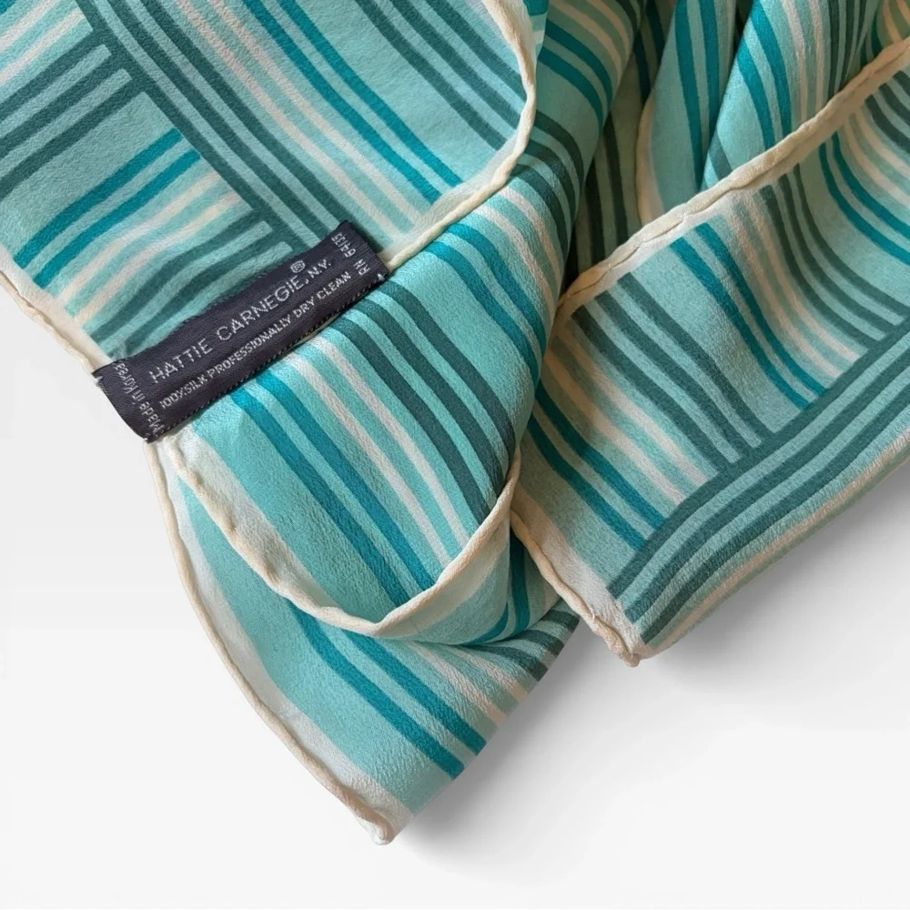 VIntage Hattie Carnegie 100% hand rolled silk scarf striped retro mod green